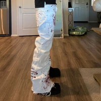 Y2K Harajuku blanc hommes Baggy jean rétro horreur sang imprimé à la main à la mode haute rue Hip Hop unisexe pantalon à jambes larges 2