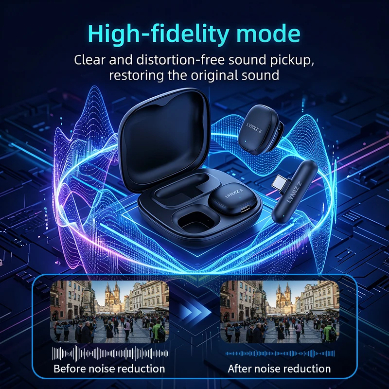 LYNXZ 무선 마이크 휴대용 마이크 라발리에 AI 소음 감소 인터뷰 비디오 팟캐스트 브이로그용 USB C / IOS 플러그