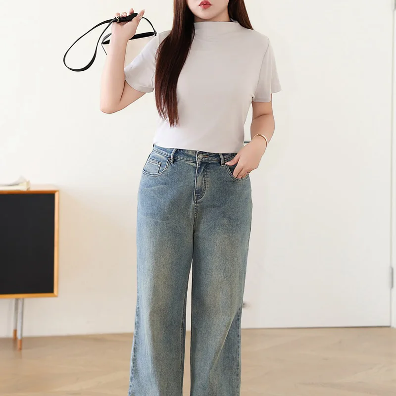 Slim Short Sleeve T-shirt Office Lady Premium Tops Stand Collar American Vintage Plus Size Women Tees Autumn 2025