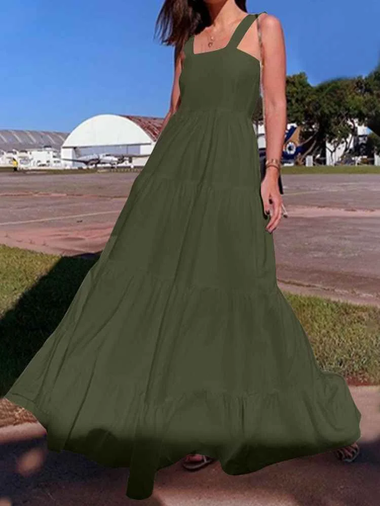 

2023 ZANZEA Women Bohemian Sleeveless Holiday Sundress Party Long Maxi Dresses Sarafans Summer Pleated Dress Ruffles Vestidos