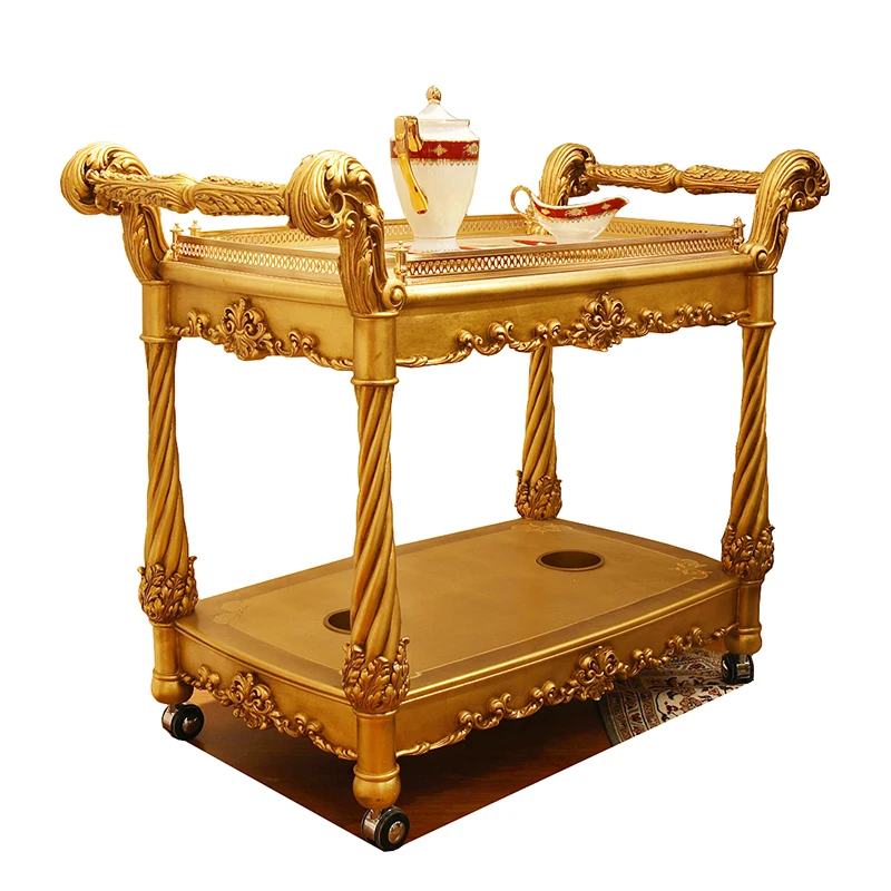 Retro Vintage Designed Baroque Style Gold Plated Wooden Serving Tea Trolley for Home Bar Counter