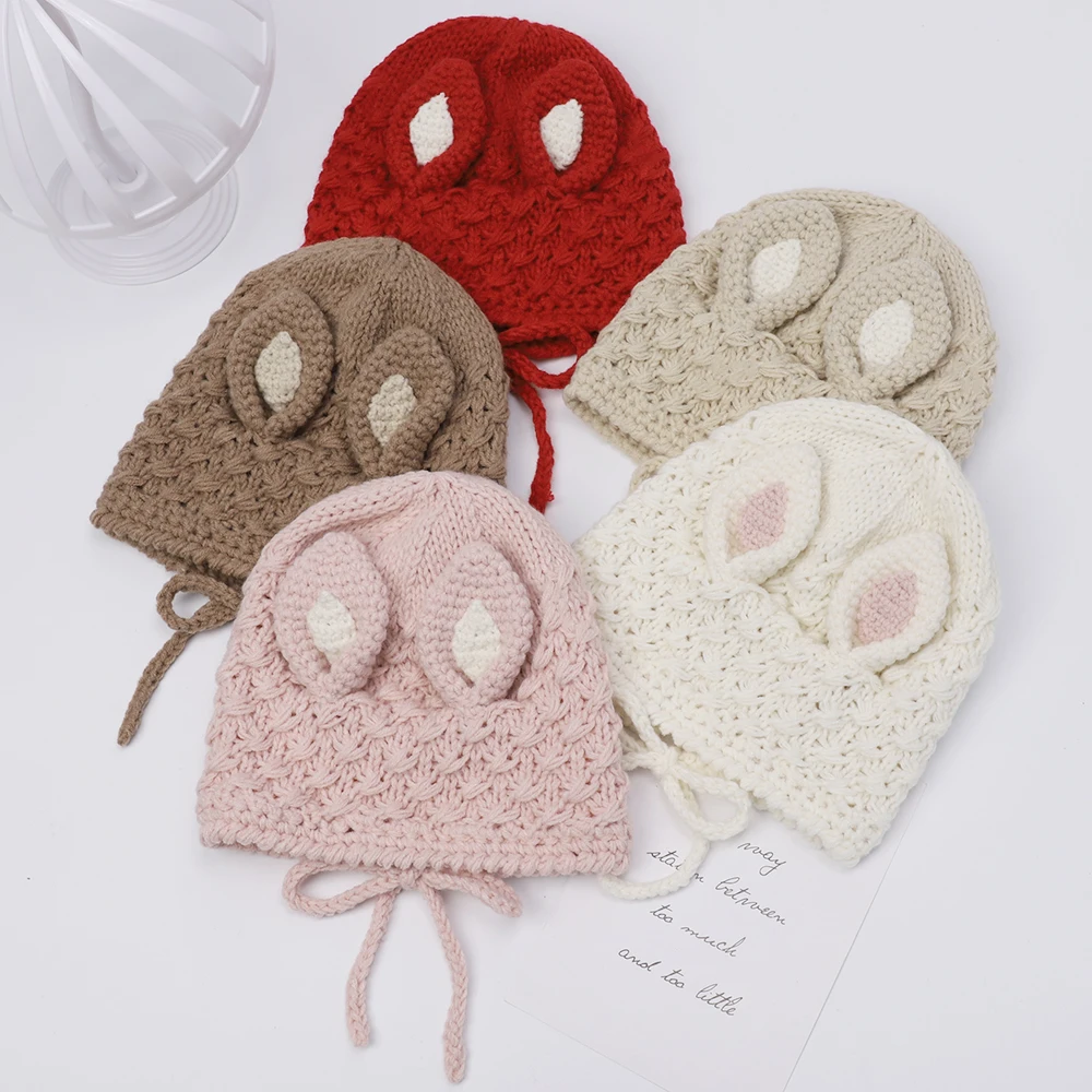 Solid Color Knit Hat for Children Cute Bunny Ears Can Be Used to Secure the Head of the Strap Inside the Sandwich Warm