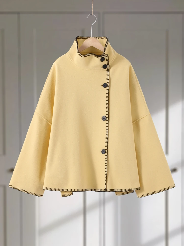 Topstitch Rollkragen Volle Hülse Woolen Jacke Frauen Elegante Einreiher Solide Lose Herbst Winter Mantel Neue Damen Oberbekleidung – Detail 4