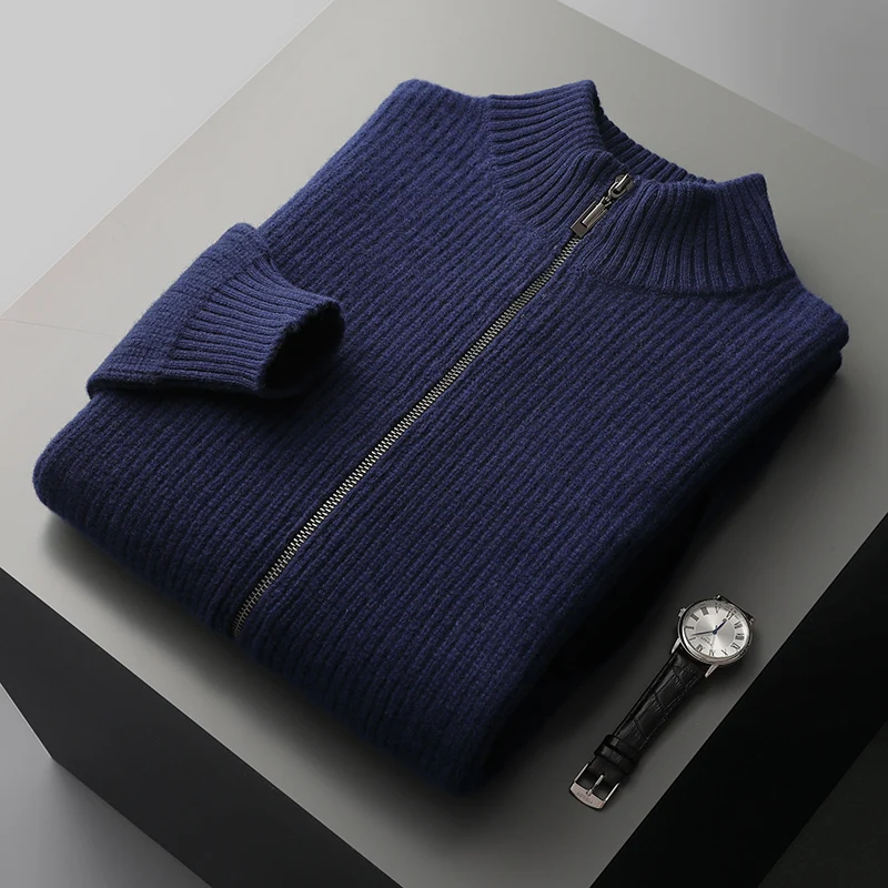 Autumn and winter new half-high-necked zipper 100% pure wool cardigan men's padded leisure knitted cashmere bottoming cedar. 3