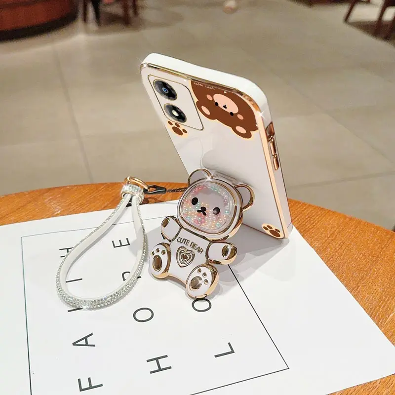 Diamond Wrist Strap Lanyard Cute Bear Phone Holder Case with Stand Back Cover