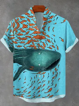 New Man Retro Style Fish Print Men's Casual Linen Fabric Comfortable Short Sleeve Button-Up Shirt
