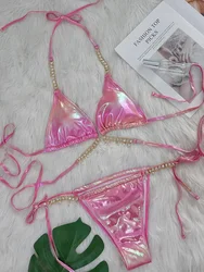 Shiny PU Leather Bikinis 2024 Wrap Around Diamond Bikini Women Swimsuit Female Swimwear Two-pieces Bikini Set Bathing Suit Swim