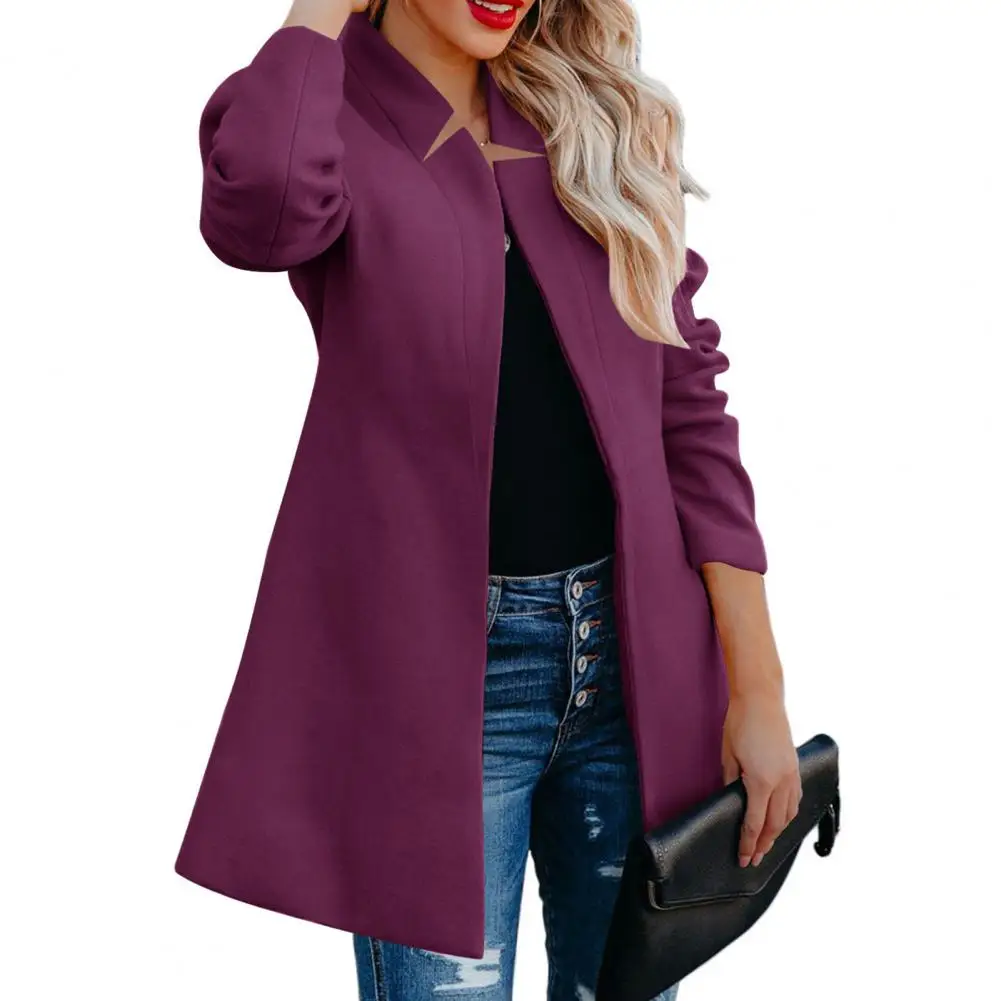 Women Jacket Long Coat Solid Color Thick Long Sleeves Midi Length Keep Warm Slim Fit Stand