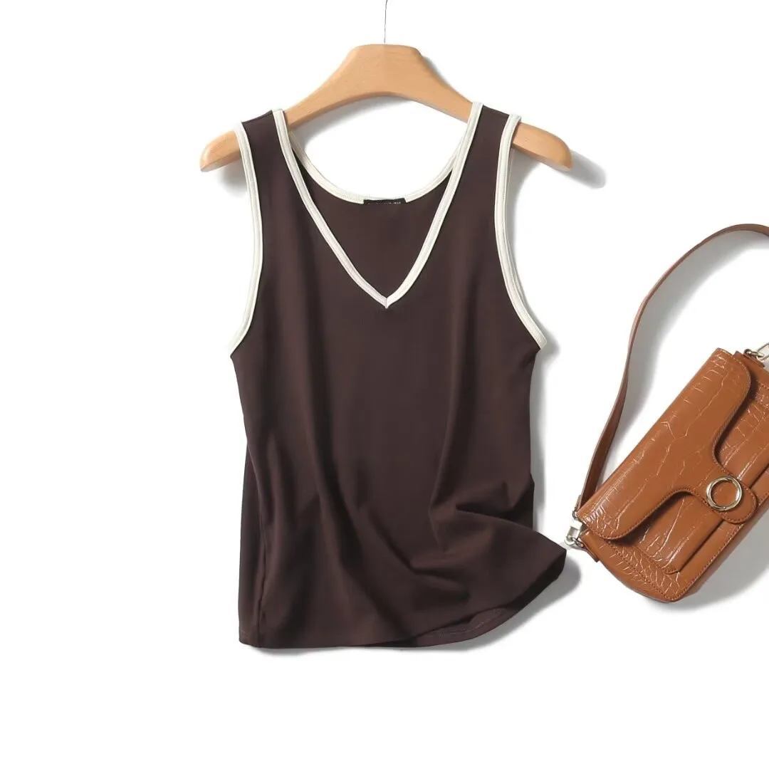 

PB&ZA Women's 2024 Summer New Casual Fashion Basic Contrast Color V-neck Ribbed Vest 06214918806