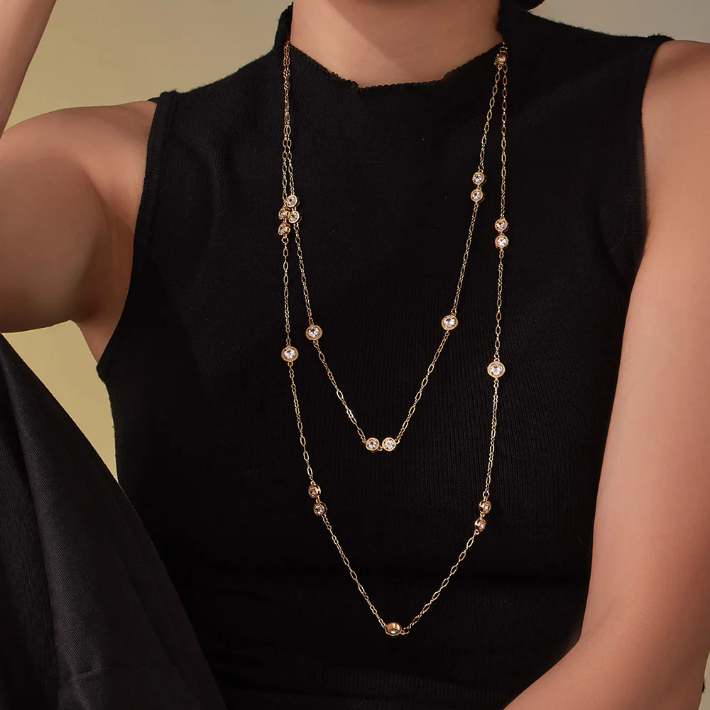 86 cm Lange Halskette Für Frauen Edelstahl Vergoldet Runde Glänzende Zirkon Anhänger Halskette frauen Luxus Schmuck – Detail 4