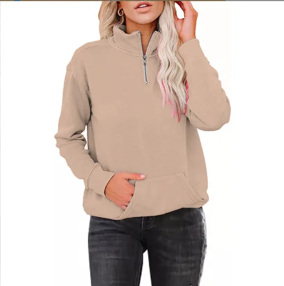 Solid Zip-Up Stand Collar Long Sleeve Sweatshirt Women's Casual Streetwear