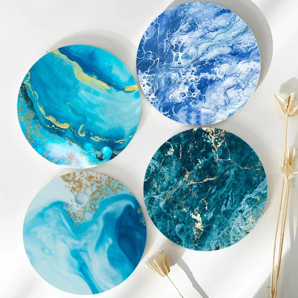 

Teal Marble Pattern Round Absorbent Enamel Stone Coasters Set with Cork Base Enamel Coasters for Drinks Tabletop Protection