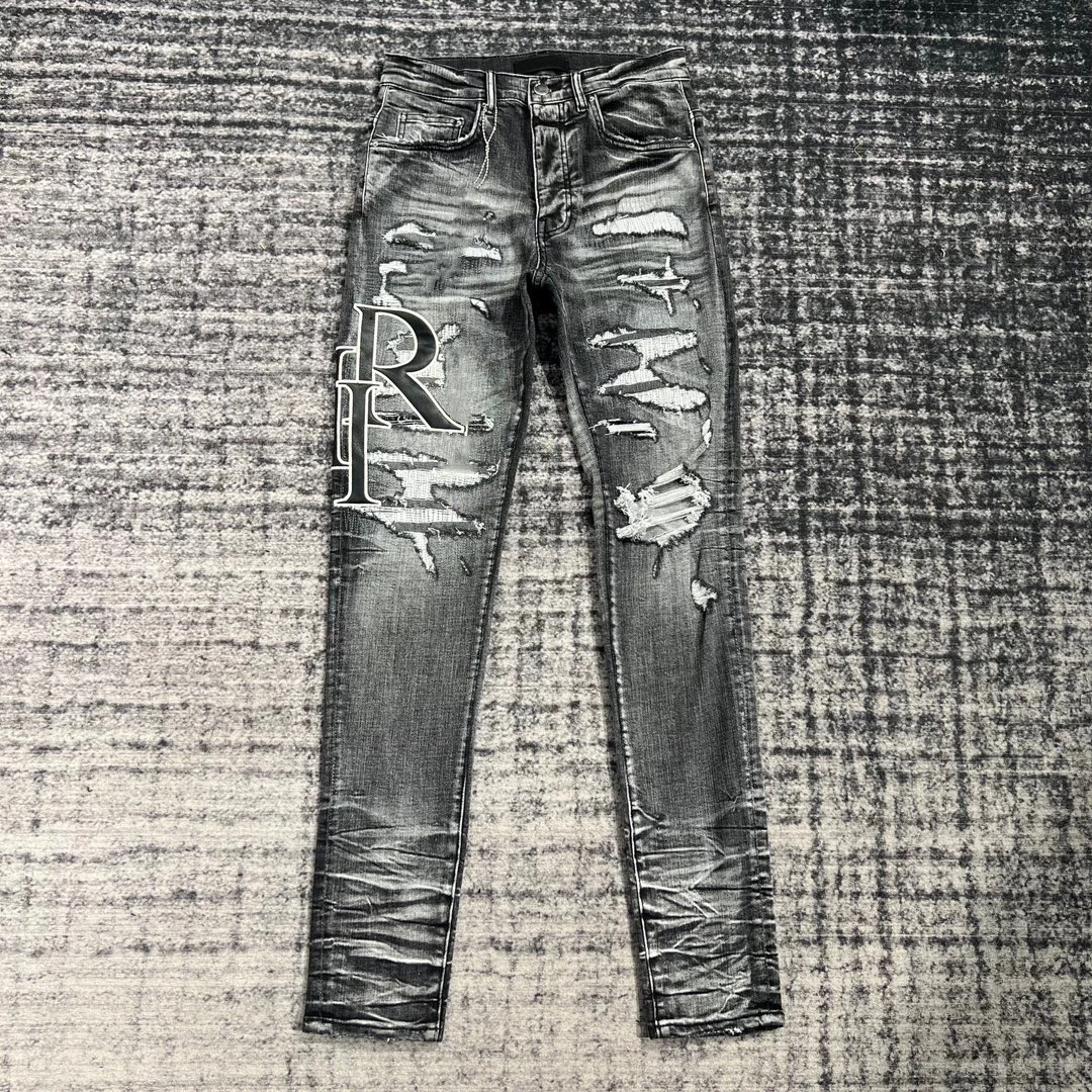 

Tide Brand Washed Do Old Broken Hole Embroidered Leather Letter Skinny Jeans Men's Micro Elastic Slim Fit