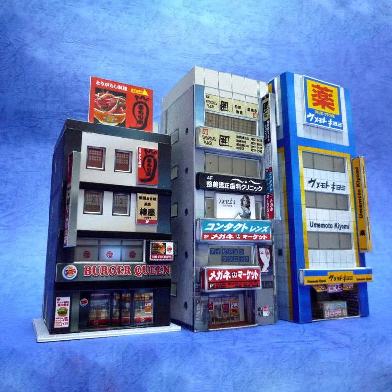 1:150 N-Scale Japanese Building Diorama 3D Paper Model Scene DIY Handmade Ornaments 3 commercial buildings