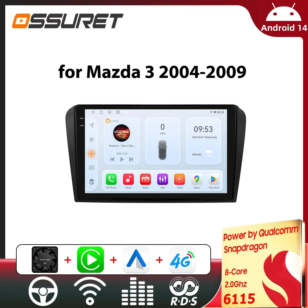 Autoradio-Multimedia-Player für Mazda 3 III 2004–2009 9 Zoll Stereo GPS Navi DSP Android Wireless CarPlay von Snapdragon 6115