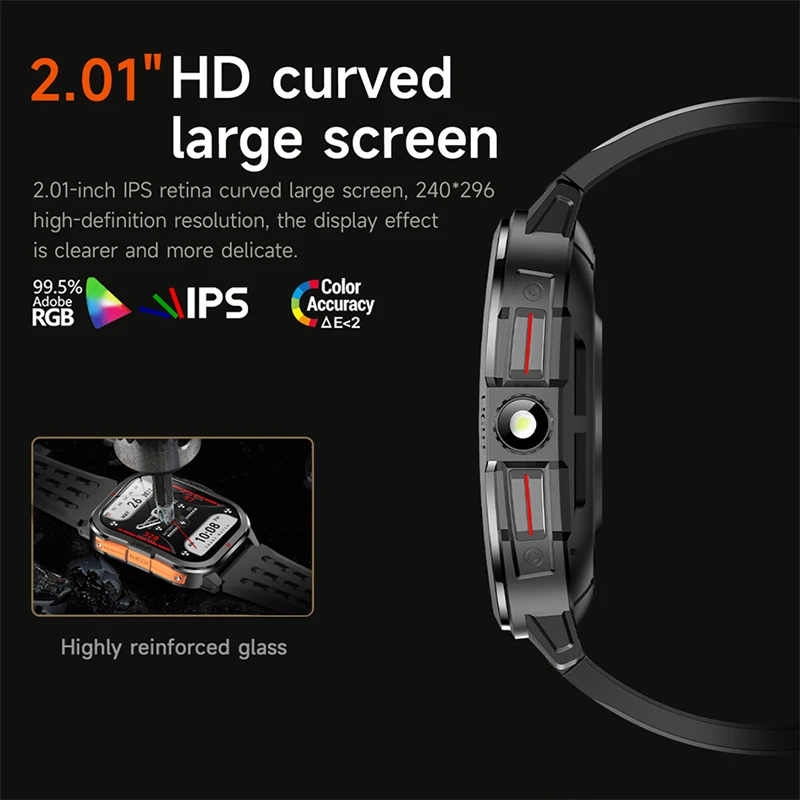 Military Smart Watch Men 2.01"HD 240*296 Screen 3ATM Waterproof Flashlight 400mAh Battery Heart Rate Sport BT Call Smartwatch