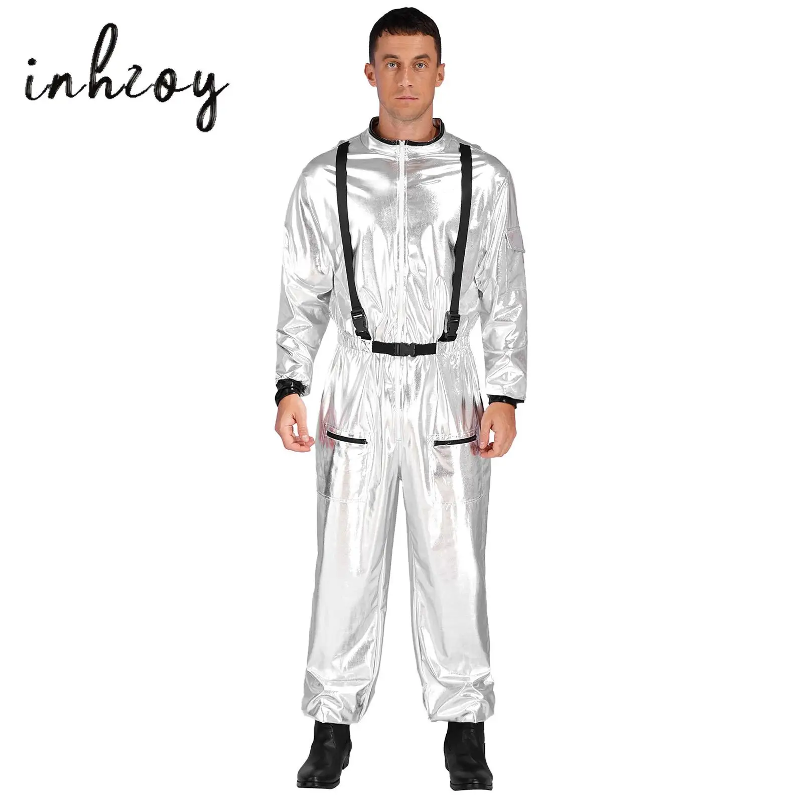 Mens Astronaut Costume Silver Space Suit Halloween Carnival