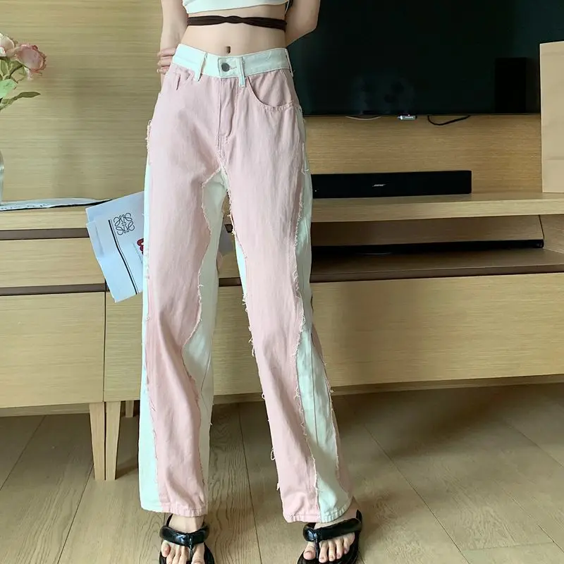 

2023 Women's Jeans New Pattern Spring and Summer Pants Retro Splice High Waist Loose and Comfortable Pink Free Shipping
