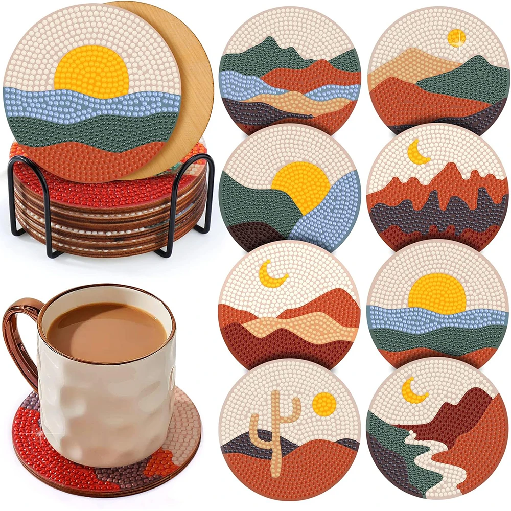 

8PCS/SET 4in/10cm Abstract Diamond Painting Coasters DIY Boho Diamond Art Coaster Kits Tablemat for Drink Home Decor