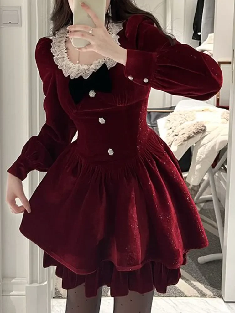 

Autumn Red Lace Elegant Dress Women Patchwork Party Mini Dress Female Casual Korean Fashion One Piece Designer Dress 2023 New