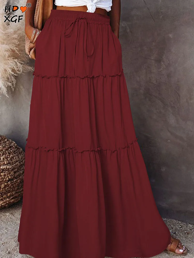 

Summer Solid Color Ruffle Beach Long Skirts For Women Elastic High Waist Drawstring Pleated A-line Skirt Elegant All-match Skirt