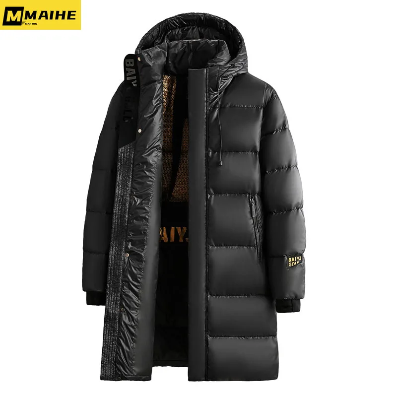 

Winter light luxury black gold long down jacket men's trend bright face warm white goose down coat couple hooded ski down jacket
