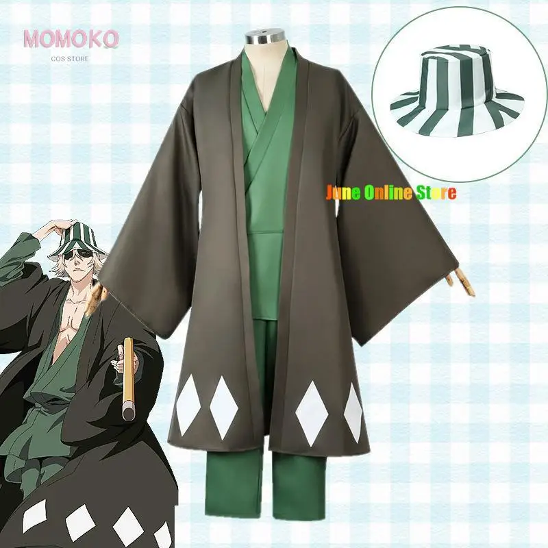 

Bleach Urahara Kisuke Anime Cosplay Costume Cloak Green Japanese Kimono Hat Wig Thousand-Year Blood War Men's Halloween Uniform