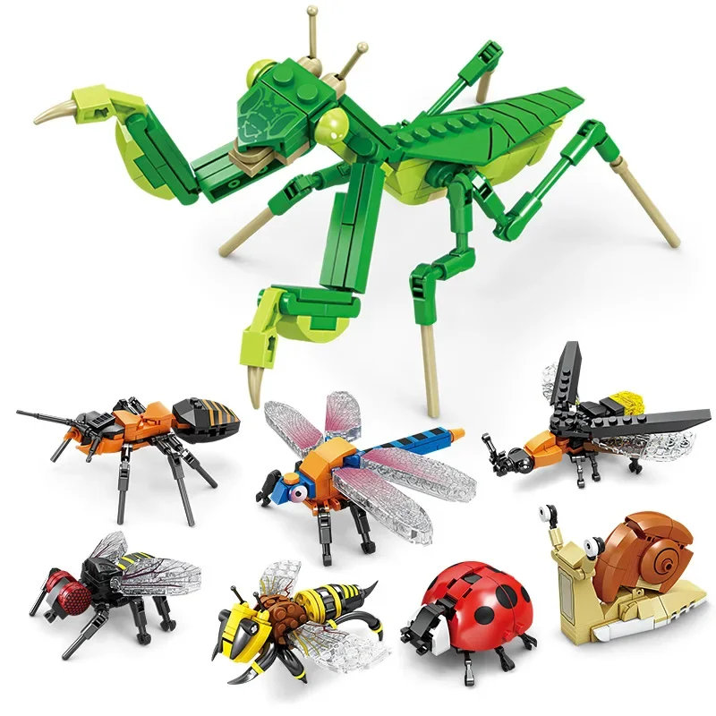 Creative Building Blocks Insect Model Bee Dragonfly Ant Mantis Children's Assembled Toys Interesting Animal Ornaments Gifts Kids