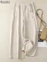 ZAZEA-للنساء خصر مرن طويل صلب ، بنطال عريض الساق ، قصر فضفاض غير رسمي ، بنطال عمل كبير الحجم ، صيف ، بنطال 1