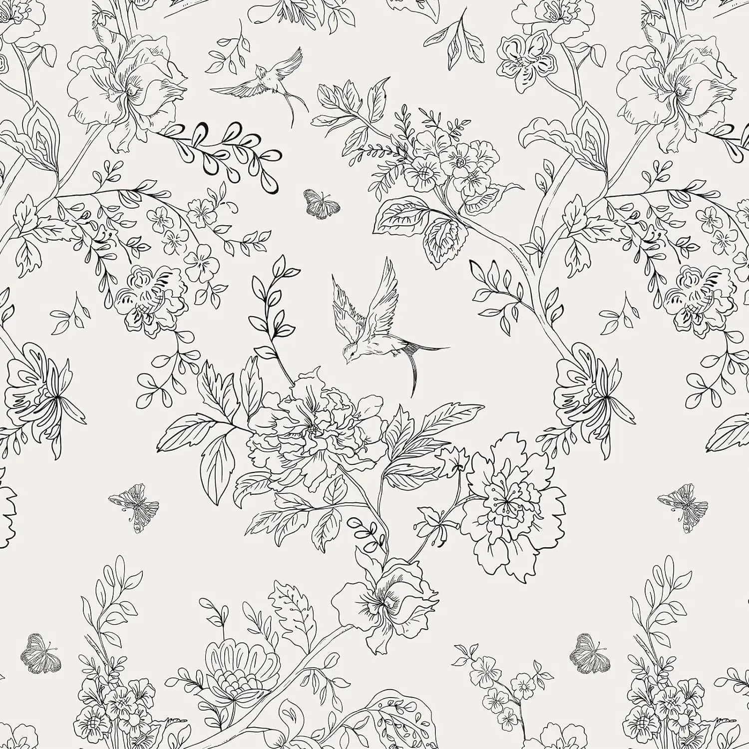 Black and White Floral Wallpaper Peel and Stick Wallpaper Floral Contact Paper Flowers Birds Removable Self Adhesive Wallpaper