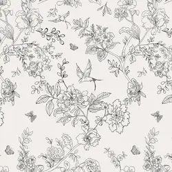 Elegant Black and White Floral Peel and Stick Wallpaper with Birds Design - 1mx44cm (Flowers Birds)