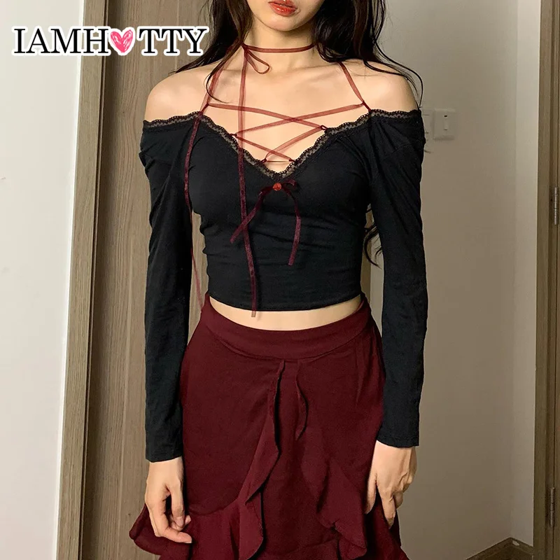 

IAMHOTTY Coquette Lace Patchwork Cropped Top Contrast Color Ribbons Bandage Halter Slash Neck T-shirts Fall Spring Cute Tees y2k
