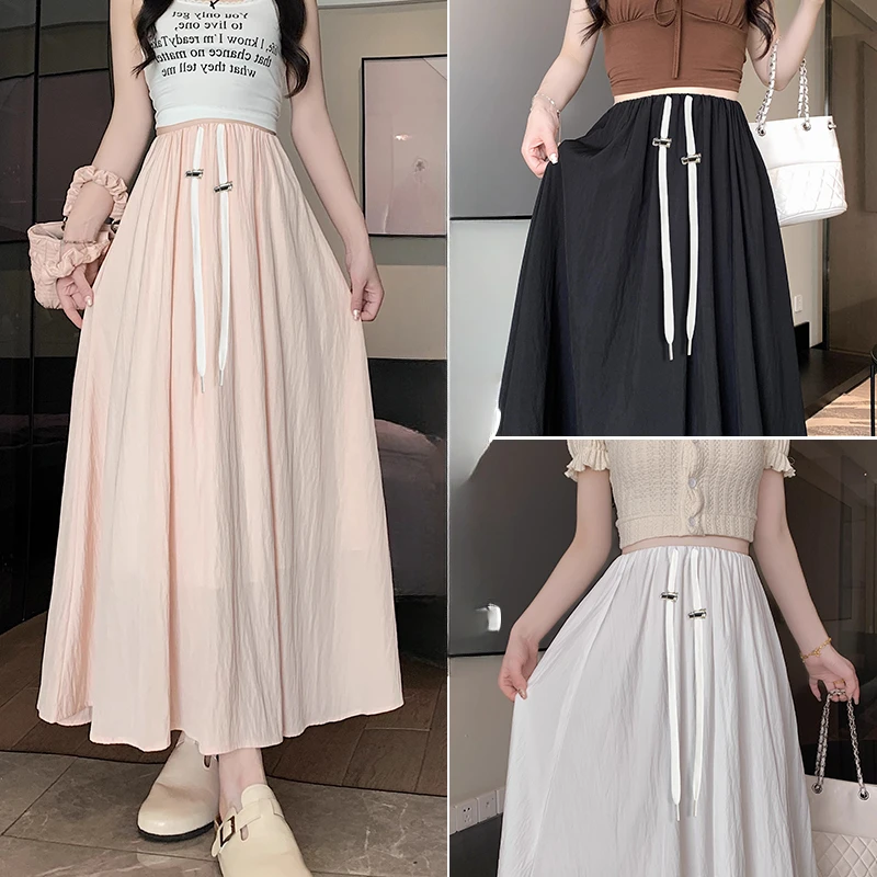 French Style Summer Maternity Flared Skirt Solid Color Drawstring Waist Long Loose Pregnant Woman Skirt with Lining