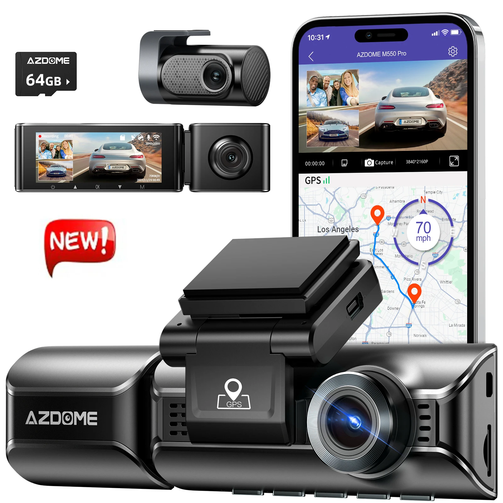 Azdome-M550 Pro Car DVR Dash Cam, 5.8GHz, WiFi, 3.19 