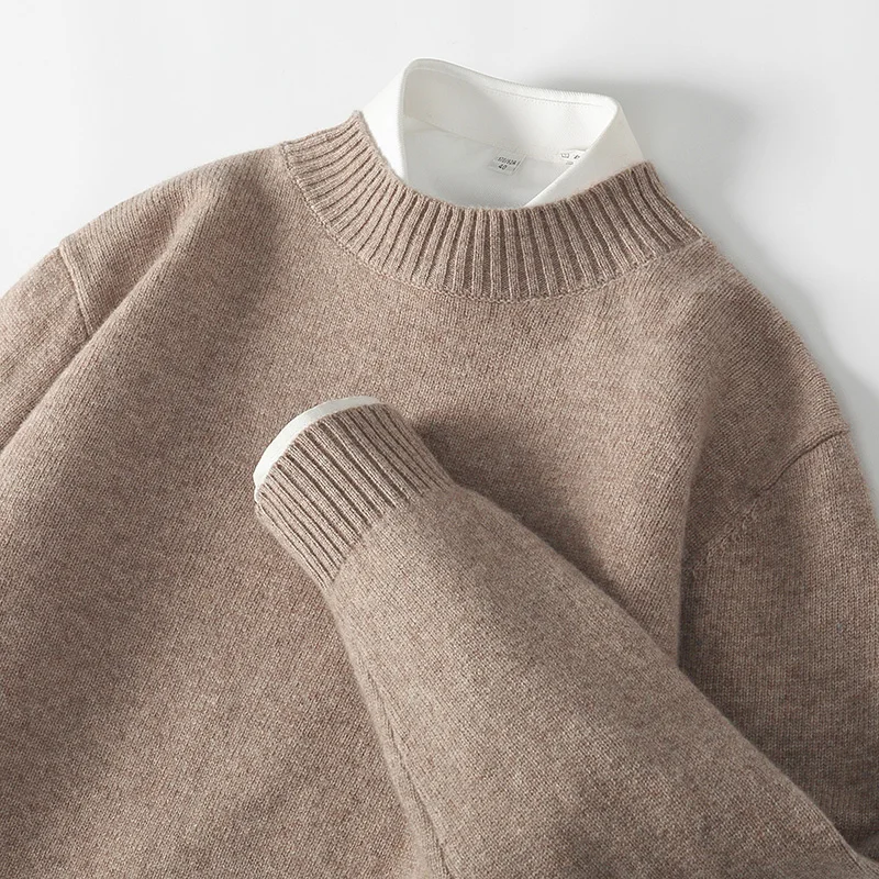 WOTEEWS 100% pure wool men's semi high neck sweater loose knit business casual men's long sleeved pullover sweater new product