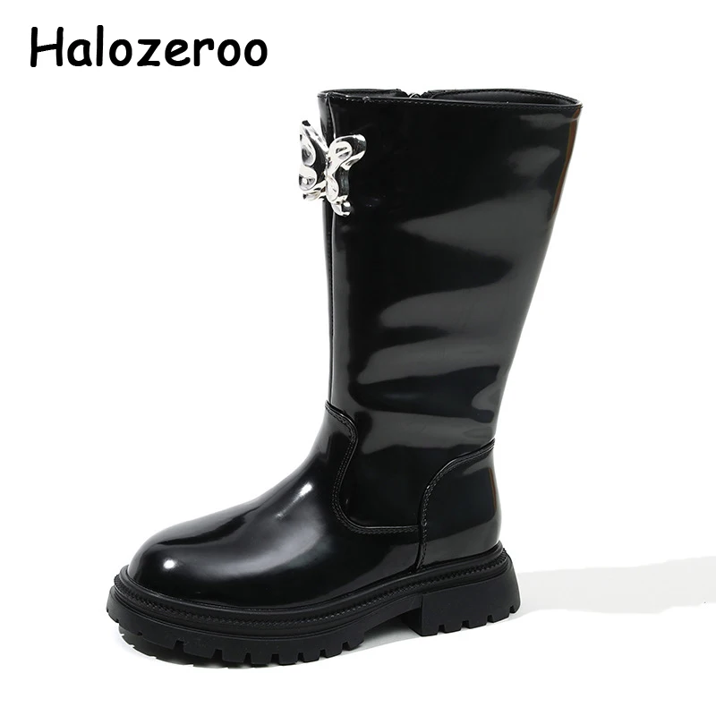 

New Kids Fashion Boots Baby Girls Knee High Shoes Children Brand Princess Boots Pu Leather Boots Black Butterfly Platform Winter