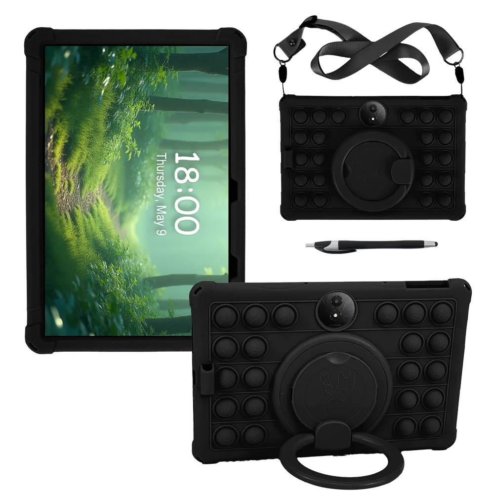 Universal Soft Silicone Tablet Case with 360° Rotating Stand, Handle Grip, and Shoulder Strap