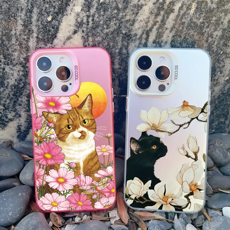 Schöne schwarze Katzen und Blumen Handy hülle für iPhone 13 Mini 12 11 Pro Max 15 14 13 Pro Max 15 14 plus stoß feste Laser-Rückseite – Detail 15