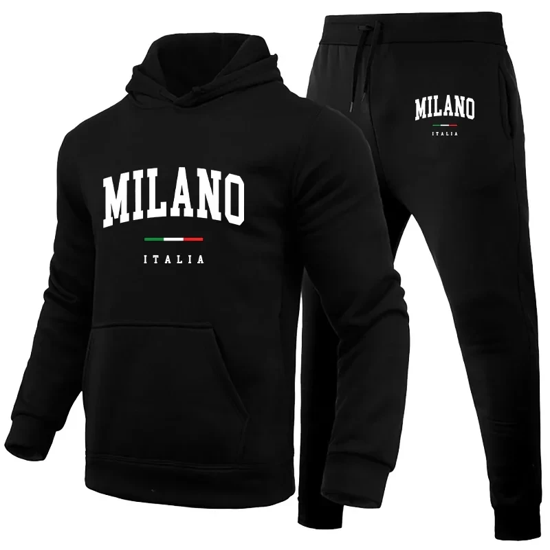 Men's Luxury Hoodie Set Milano Print Sweatshirt Sweatpant for Male Hooded Tops Jogging Trousers Suit Casual Streetwear Tracksuit 3