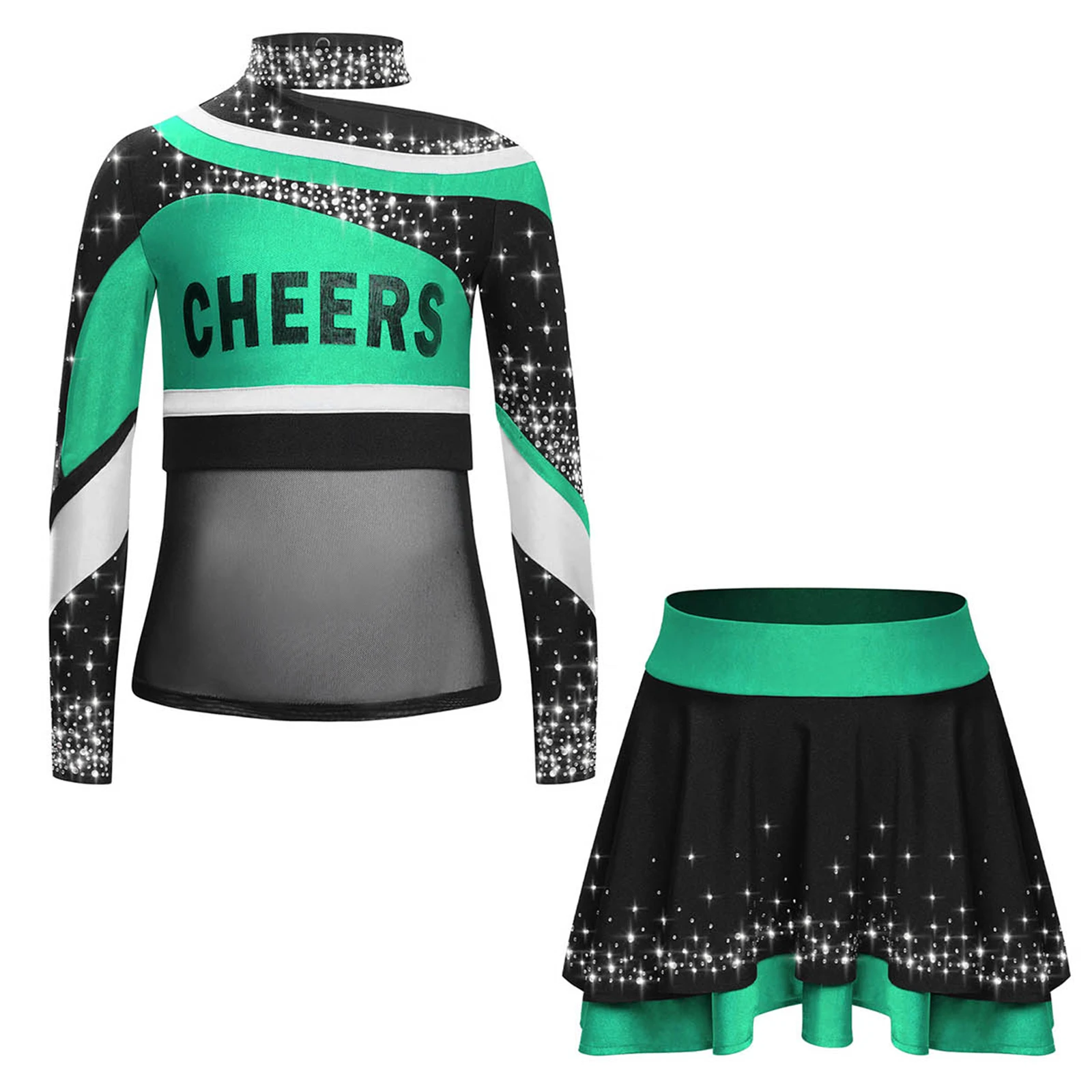 Cheerleading-Outfits für Kinder und Mädchen, Cheerleader-Tanz-Performance-Kostüm, langärmlig, mit Buchstaben-Aufdruck, glänzendes Strass-Oberteil mit Rock – Detail 7