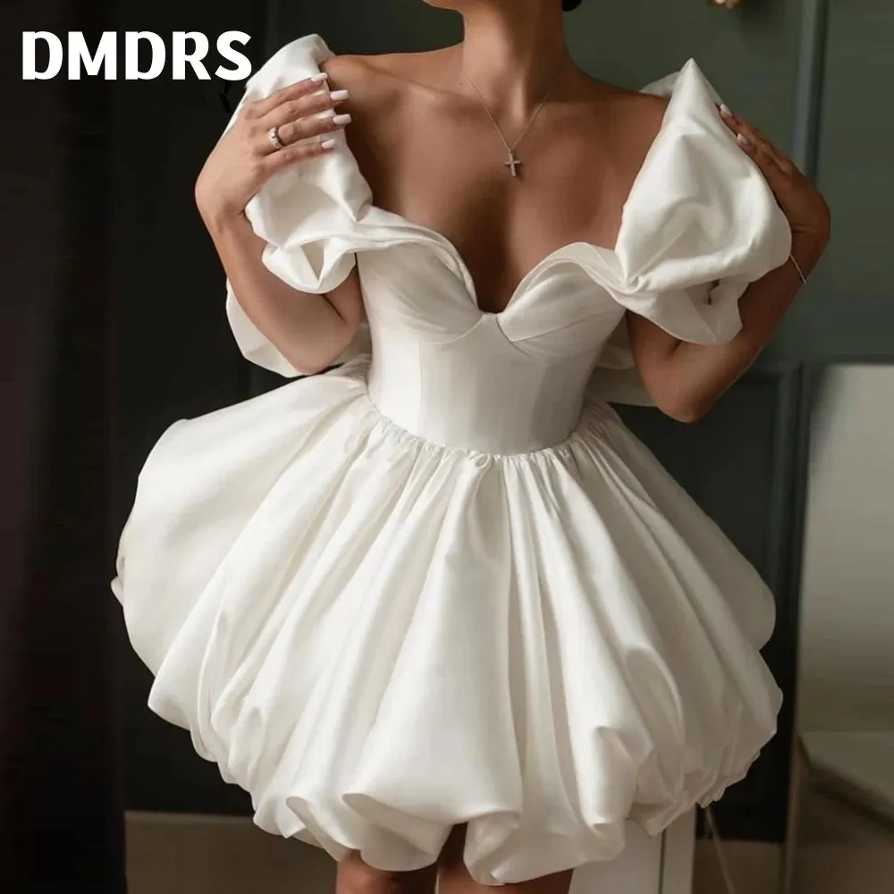 

Short Wedding Dress Sweetheart Bridal Gown Off Shoulder Big Bow Shoulder Style Puffy Mini Party Wear Pageant