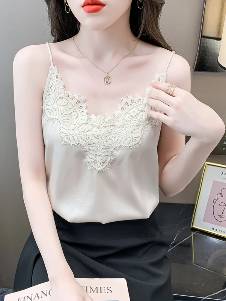 Summer Korean Fashion Silk Women Camis Streetwear Satin Sexy Tops Lace Sleeveless White Female Tank Tops Blouse OL Woman Clothes summer maternity clothes for nursing sleeveless wireless camis feeding tank top breastfeeding vest