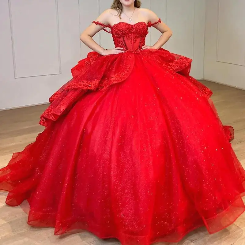

Red Glitter Ball Gown Quinceanera Dresses Sweet 16 Off The Shoulder Applique Lace Tull Party Prom Corset Vestido De 15 Anos