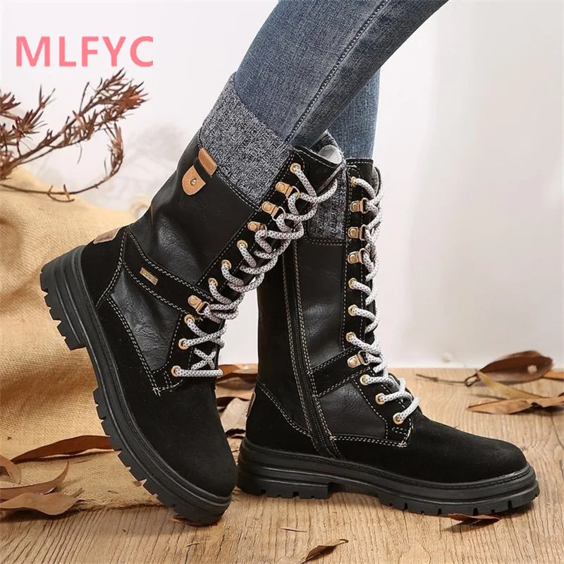 Winter Round Head Low Heel Side Zipper Large Mid Size Boots Women's Fashion Casual Boots Simple Boots Mujer