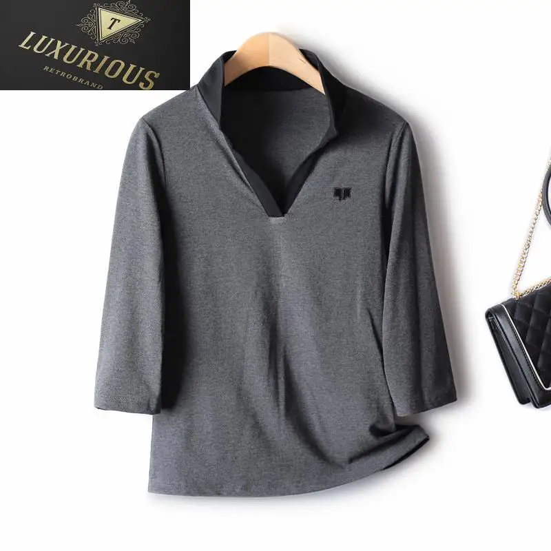 

fashion Woman Blouses 2024 Autumn New Stretch Turn Down Collar Short T-shirt Three-quarter Sleeve Slim Knitted Stranger Things