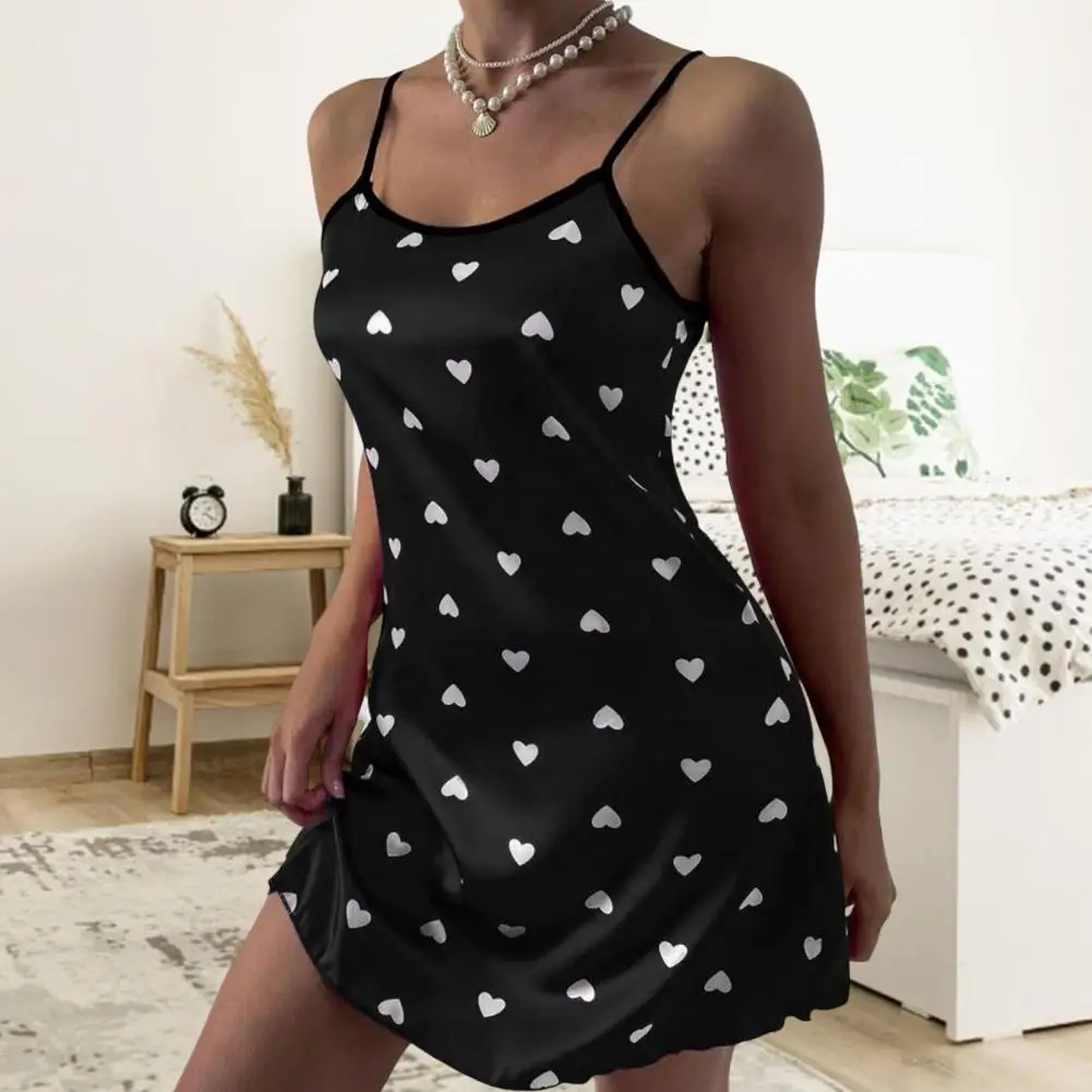 Women nightgowns Women nightdresses Sleeping dress Women Nightdress Heart Print Pullover Comfortable Satin Smooth Surface Spaghetti Strap Women Nightwear for Sleeping Sleepwear
