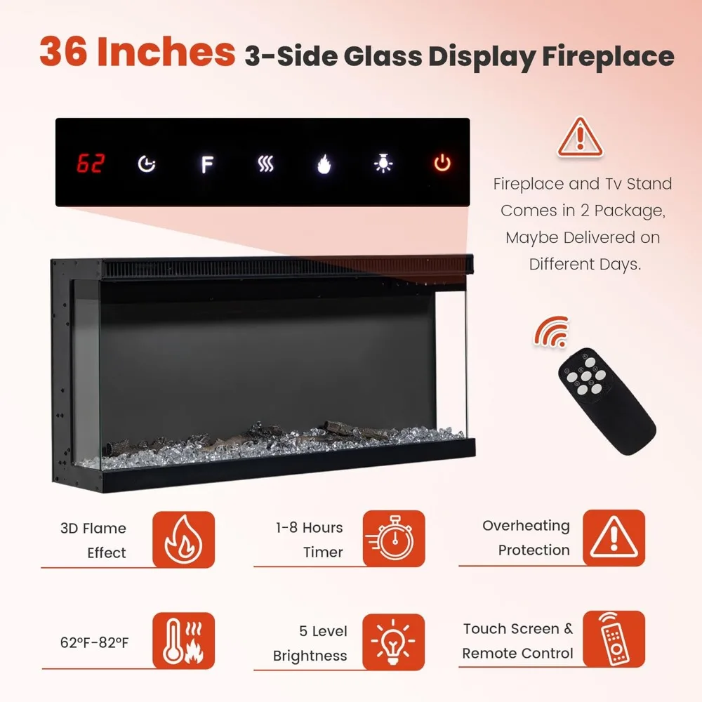 3-Sided Farmhouse Fireplace TV Stand for TVs Up To 80'', 70'' Large TVs Stands with 36'' Electric Fireplace, TV Stand 3