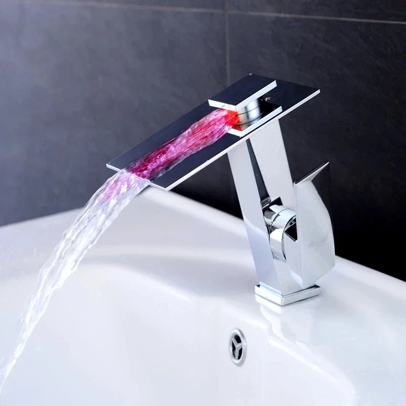 Led Basin Faucet Bathroom Waterfall Black Brass Mixer Tap Deck Mounted