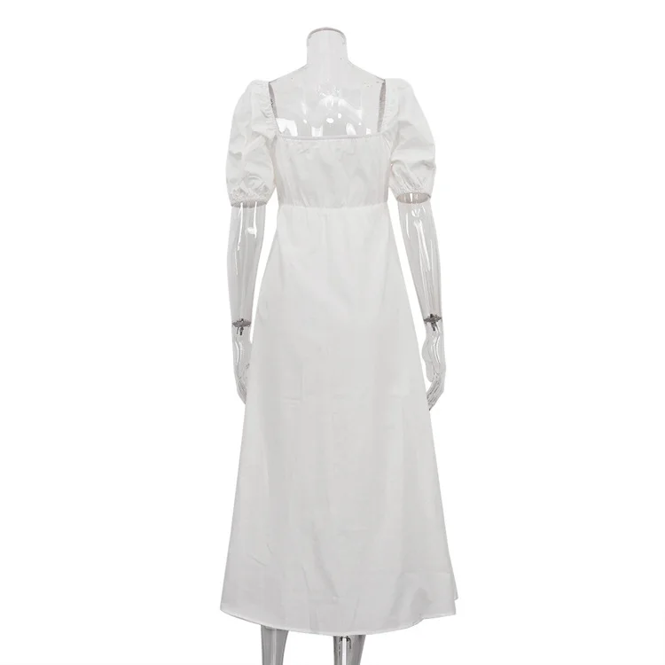 Square Neck Hollow Out White Long Dress For Women Twist Fashion Short Sleeve High Waist Autumn Party Dress Women's Clothes
