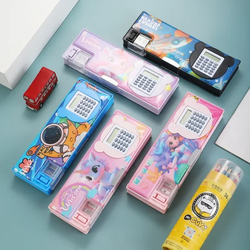 Creative Dual Use Pencil Case Calculator Cartoon Multifunctional Large Capacity Double-layer Pen Storage Box Astronauts Cute